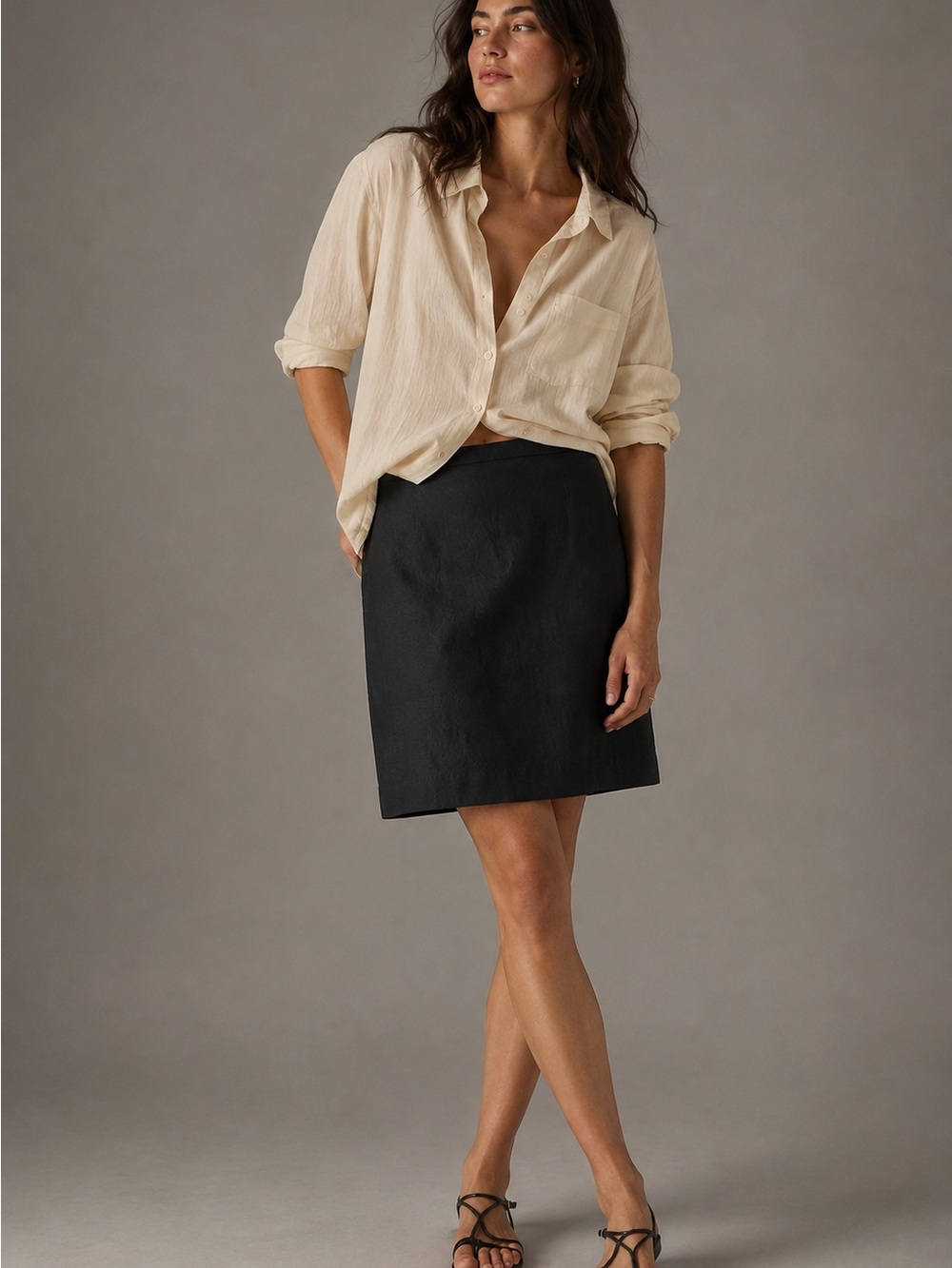 Lauren Ralph Lauren 100% Linen Black Midi Skirt 8